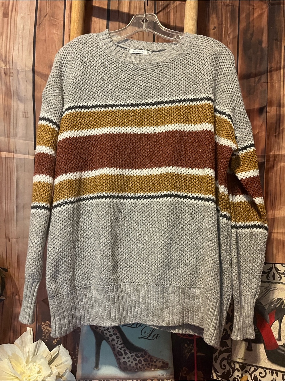 Staccato Grey Knit Crewneck Sweater with Mustard and Brown Stripes